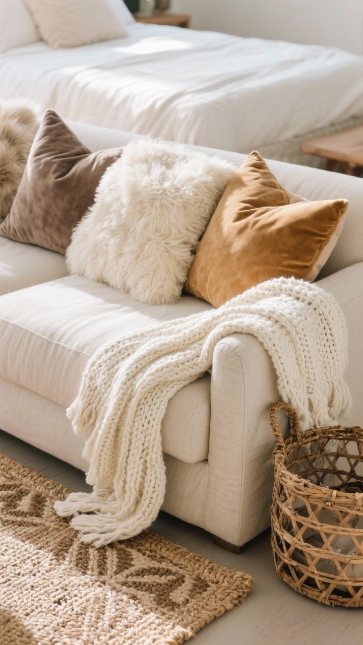 Closeup detail shot: Layered textures on a neutral sofa—chunky ivory knit throw draped over the arm, folded lightweight cotton blanket at the foot of a bed visible in background, and a mix of velvet, faux fur, and bouclé pillow covers in warm neutrals (cream, taupe, soft camel). Foreground floor shows a small patterned rug layered over a larger natural jute/sisal rug. Include a woven thrifted basket for storage beside the sofa. Soft natural afternoon light.