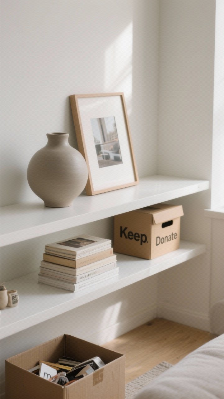 Closeup detail shot of a minimalist living room shelf after a declutter edit: two neat stacks of neutral books, one sculptural matte ceramic vase centered, and a single framed photo, with ample negative space on a clean white shelf; include a cardboard “Keep” box and a second “Donate” box partially visible on the floor below, one containing duplicates and random small “meh” knickknacks; soft natural daylight from the side, calm, intentional composition, photorealistic.