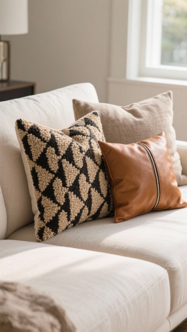 Closeup detail shot of a modern living room sofa styled with 18x18 and 20x20 throw pillow covers: warm neutrals in faux linen and bouclé with one bold statement pattern pillow, plus a cognac faux leather pillow; hidden zippers subtly tucked along the seams; overstuffed inserts for a plump, luxe look; soft natural window light highlighting textures; neutral palette with cream, taupe, and a single graphic pattern in black-and-beige; shallow depth of field emphasizing fabric weave and zipper quality; no people.