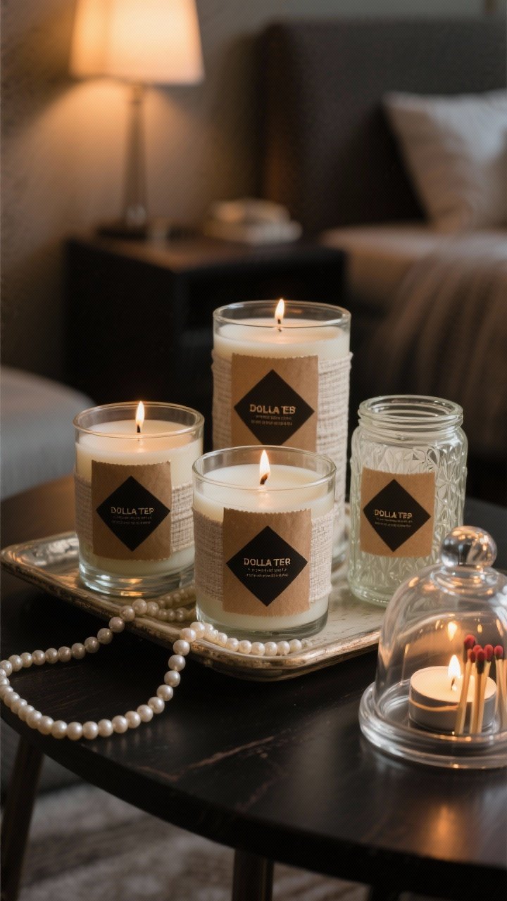 Closeup, moody tabletop vignette: Dollar Tree candles decanted into thrifted clear and frosted glass vessels on a small tray; melted wax with a few drops of essential oil, centered cotton wicks; labels wrapped in linen and kraft paper with minimalist black text stickers; cluster of three candles at varied heights, accompanied by a bead garland and a glass match cloche; optional LED tea lights glowing softly inside etched and frosted jars; warm, boutique-hotel evening lighting, photorealistic.