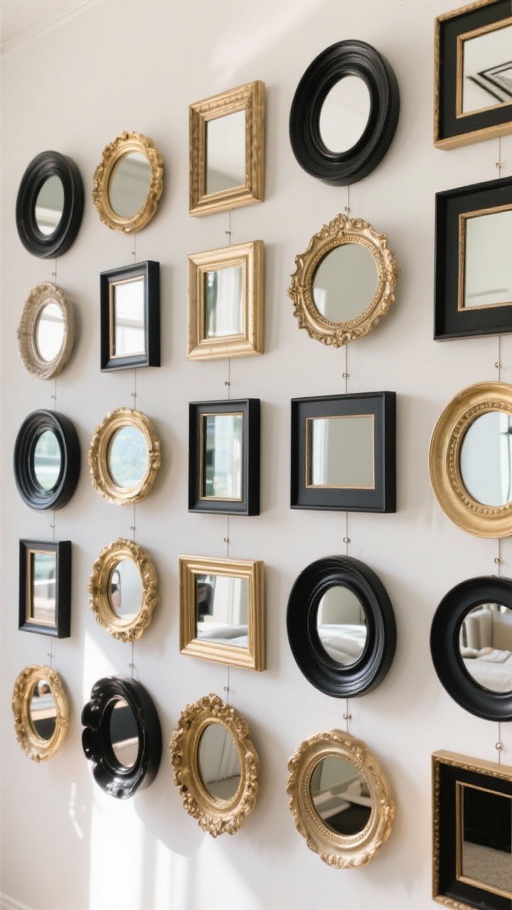 Closeup, straight-on view of a chic gallery wall made from multiple small Dollar Tree framed mirrors arranged in a tight grid and a few salon-style offsets, with frames spray-painted matte black, brushed gold, and champagne but kept consistent per cluster; mix of round and rectangular mirrors; subtle rub ’n buff gilt along the edges catching light; hung with invisible Command strip spacing on a soft white wall; soft natural daylight creating gentle reflections without showing people; boutique hotel vibe, photorealistic.