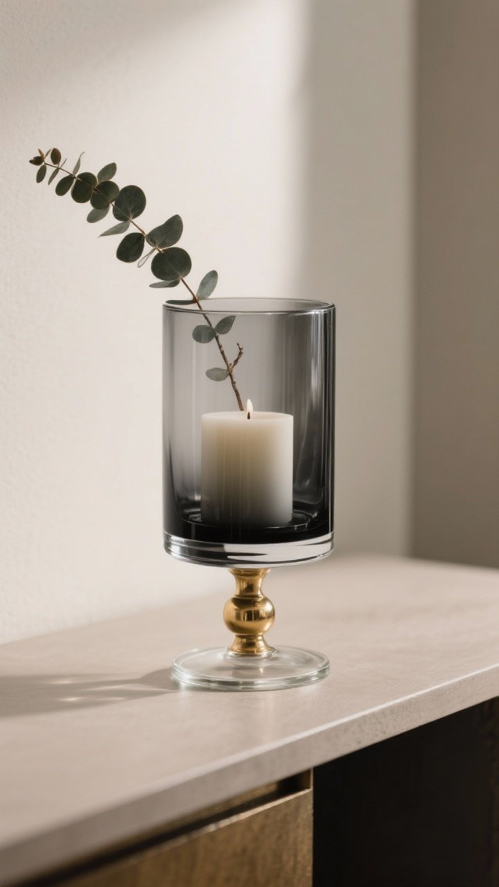 Closeup, straight-on view of Dollar Tree glassware elevated: a clear cylinder vase with a frosted interior finish set atop a glass candlestick pedestal (E6000-style join), the base lightly misted in brushed gold, all painted in matte black and frosted textures. Styled minimally with a few eucalyptus stems and a single branch, on a neutral console with soft diffused natural light to highlight the matte vs frosted contrast. Boutique, high-end vibe, no clutter, photorealistic.