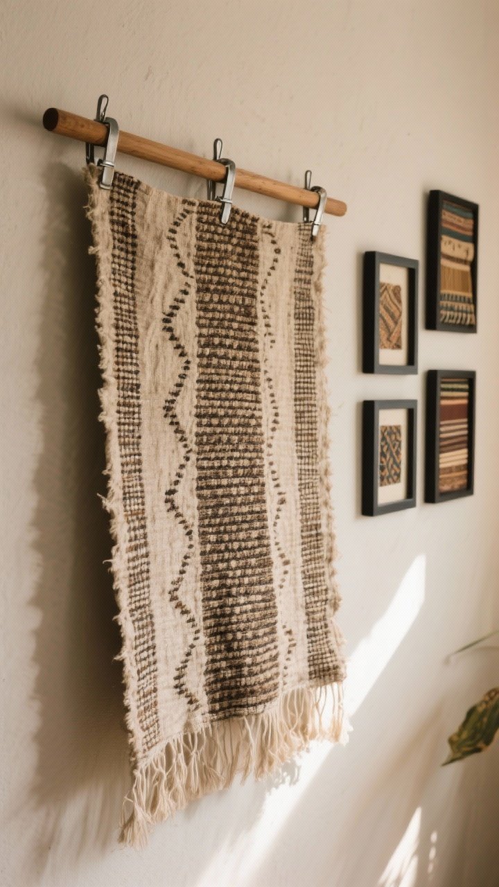 Detail closeup of fabric as wall art: an oversized mud cloth textile hung on a wooden dowel with metal clips for an airy, casual look. Capture the tactile weave, subtle dye variations, and fringe. In the background, a secondary vignette of small vintage fabric samples framed in matching thin black frames for a cohesive collection. Neutral wall, warm natural light grazing across the texture; shallow depth of field; straight-on but tight framing to highlight fiber and pattern.