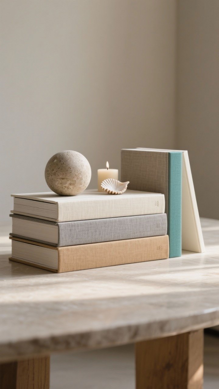 Detail closeup, straight-on: Two horizontal stacks of oversized hardcovers with linen-textured, jacket-free spines in neutrals (cream, gray, tan) with a single accent color spine (muted teal). One stack topped with a small sculptural object (stone sphere), the other with a shell and a minimalist candle. Include a single vertical-lean book against the stack for movement. Photorealistic table surface, gentle afternoon light, subtle shadows.