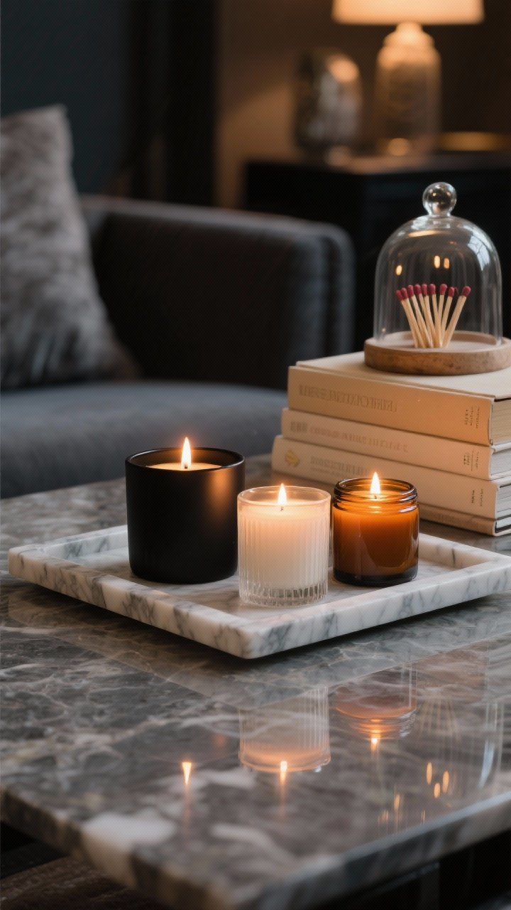 Medium closeup of a styled candle vignette on a marble-look tray: matte black candle, frosted glass candle, and an amber jar candle clustered in threes; a small match cloche and a short stack of neutral hardback books for layered height; warm evening ambient light with candle flames glowing; soft reflections on stone-look and glass surfaces; cozy, moody atmosphere; colors in charcoal, warm amber, and cream; no people.