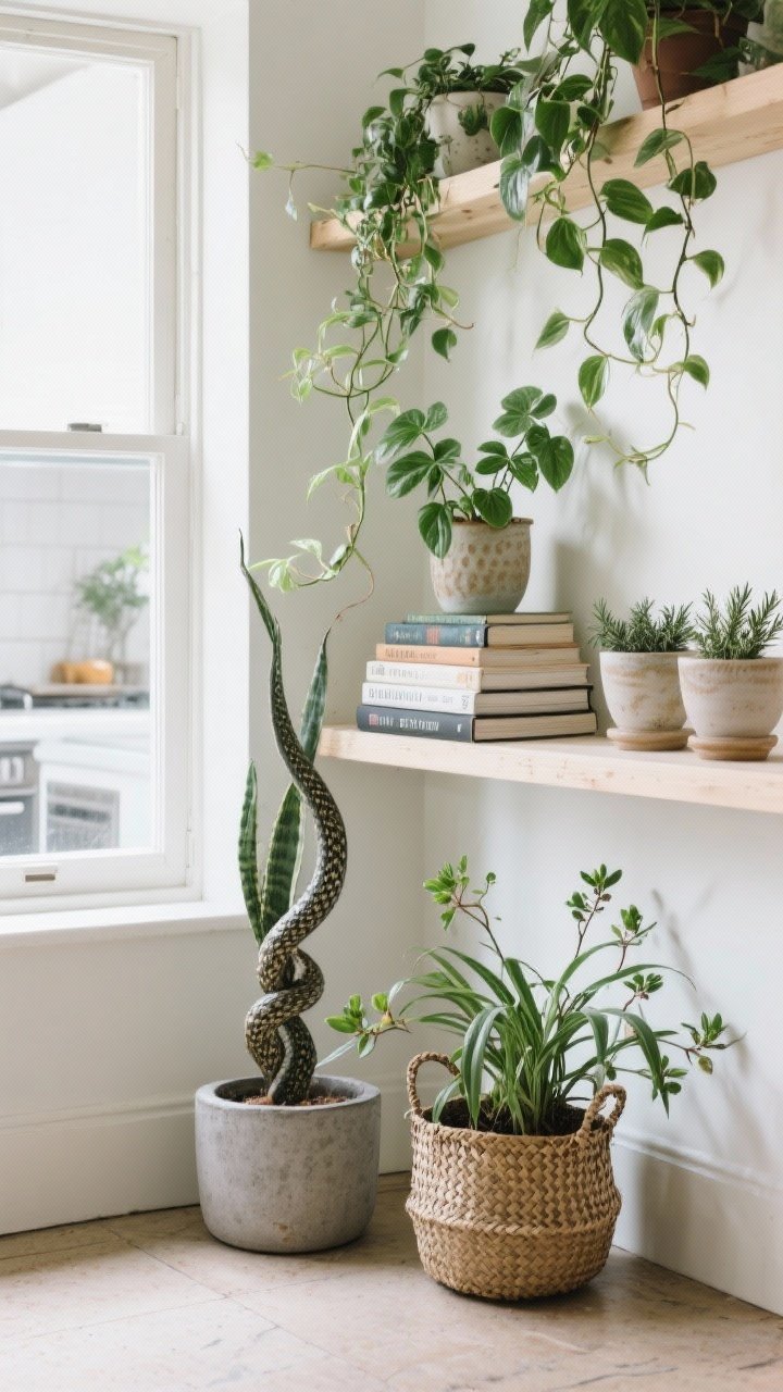 Medium shelf and window ledge shot: Lush plant styling with budget-friendly, low-maintenance varieties—trailing pothos cascading from a shelf, a sculptural snake plant in a cement planter on the floor, and a spider plant with baby offshoots in a woven basket planter. Mix planters: cement, woven, ceramic thrift finds. Elevate a small plant on a stack of books and place a few herbs (basil, rosemary) in simple ceramic pots on the kitchen pass-through ledge. Bright, soft daylight.