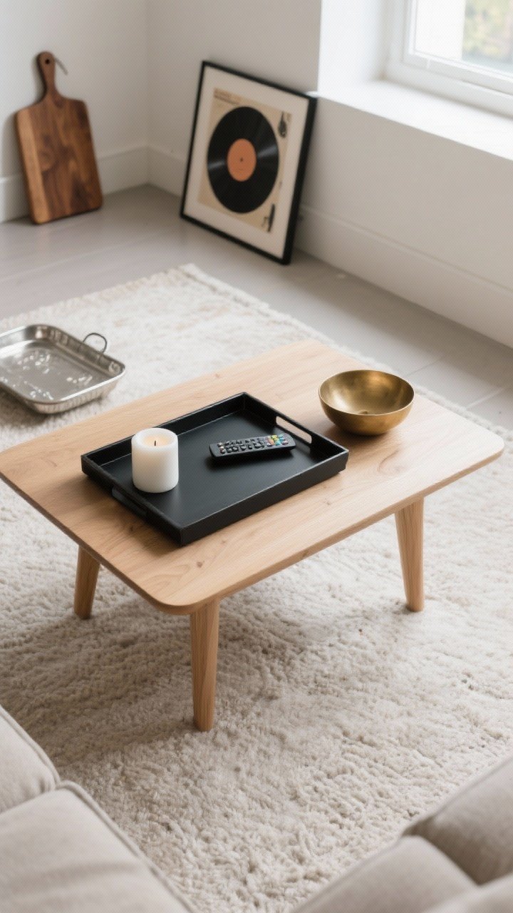 Medium shot: A light oak coffee table with a matte black rectangular tray as the styling anchor, corralling a TV remote, a white ceramic candle, and a small brass bowl; strong contrast between the dark tray and the pale table. Include alternative base ideas nearby: a vintage silver tray peeking from the corner, a warm walnut cutting board, and a framed record sleeve leaning on the table surface. Soft natural daylight from a side window; modern living room with a neutral rug and no people, photorealistic.