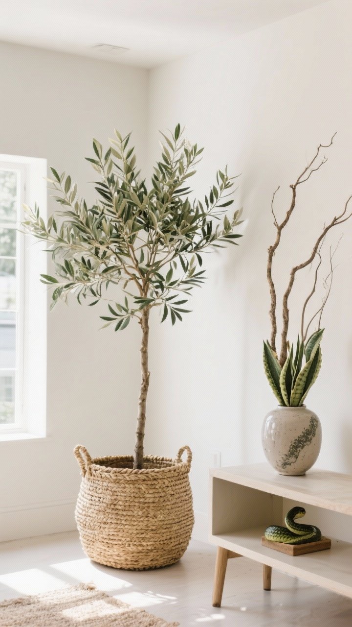Medium shot of a bright corner featuring a statement olive tree in a ceramic pot nested in a seagrass basket; adjacent console hosts a low-maintenance snake plant and a vase of tall faux branches for height; soft daylight highlights leaf texture; natural materials and greenery feel elevated and fresh