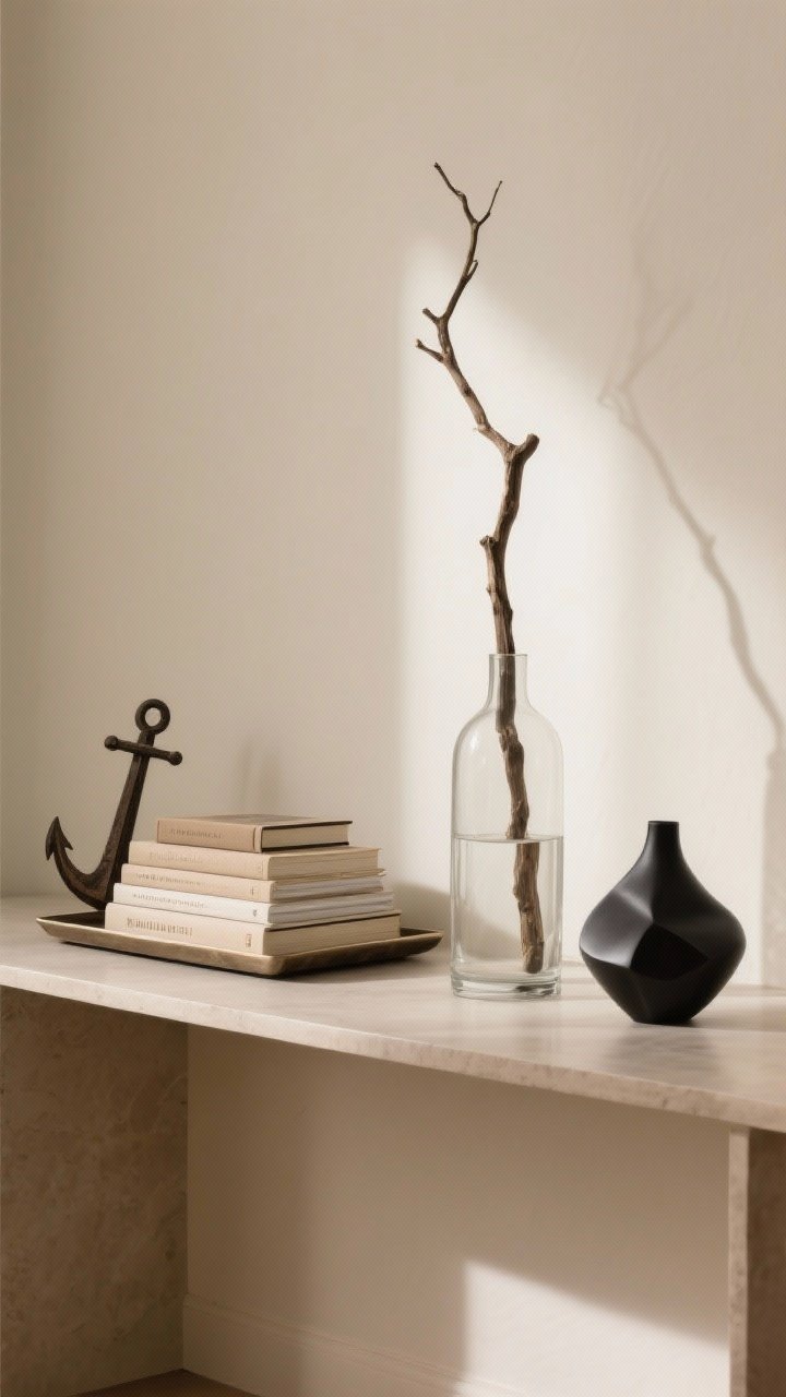 Medium shot of a curated console vignette using the Rule of Three: an anchor stack of neutral hardcover books on a low tray, a tall glass vase with a single sculptural branch for height, and a small sculptural object in matte black for character; generous negative space around the trio on a clean beige wall backdrop; soft, indirect afternoon light, balanced composition that avoids clutter.