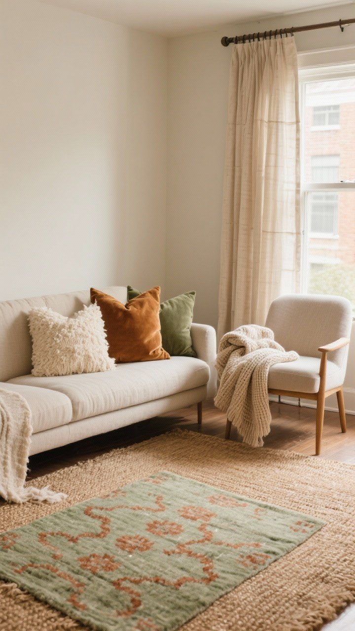 Medium shot of a living room corner using textiles to disguise rental sins: a large natural jute rug layered with a smaller patterned rug in muted sage and rust; a neutral linen sofa with mixed-texture throw pillows (bouclé, linen, velvet) in cream, camel, and sage; a soft knit throw draped casually over an accent chair. Windows dressed with light-filtering linen-blend curtains hung high and wide on tension rods/Command rod brackets. Warm, diffused daylight, cozy and soft atmosphere.