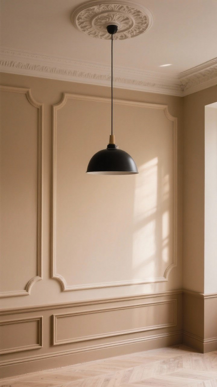 Medium shot of an accent wall with freshly added picture frame molding in MDF, painted the same warm neutral as the wall for a seamless look; a simple ceiling medallion frames a black pendant; the baseboard and trim color match the wall; gentle side lighting emphasizes shadows and architectural detail; chic and subtly Parisian
