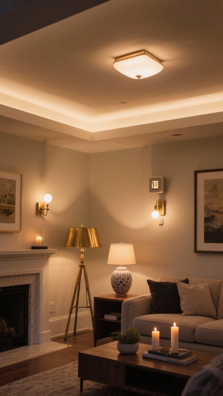 Medium shot of layered lighting in a living area: warm white bulbs (2700–3000K) glowing across three levels—an overhead ambient fixture dimmed, a brass floor lamp beside a sofa, a ceramic table lamp on a console, and candles flickering on a mantle. Two plug-in sconces mounted above a sofa create architectural interest, while a battery-powered picture light highlights framed art. Cozy, flattering glow with balanced shadows, evening setting, angled view across the room.