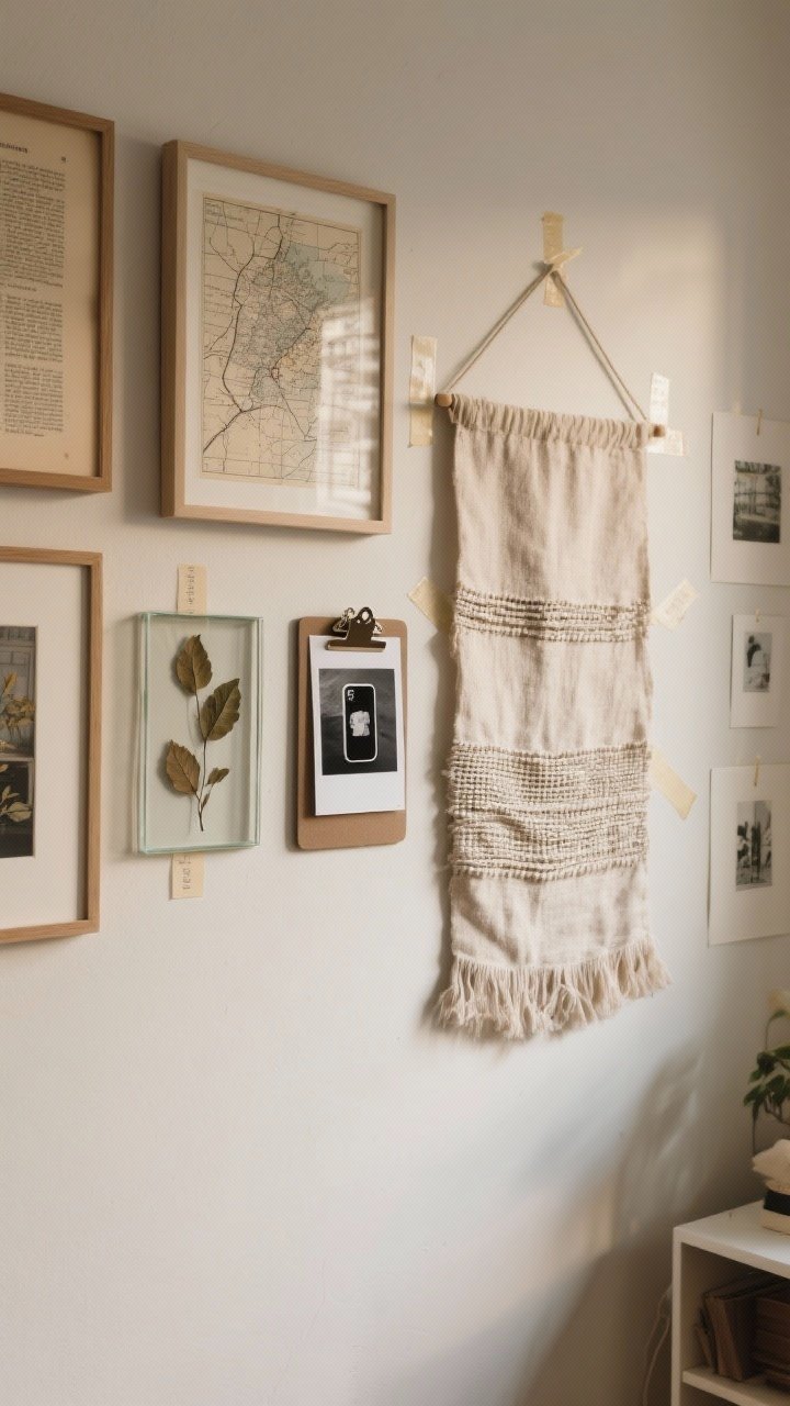 Medium shot, straight-on: A casual gallery wall assembled with zero-cost art—framed book pages (map and botanical illustration), pressed leaves under glass, a black-and-white phone photo printed on regular paper clipped to a clipboard, and a large hanging textile as the anchor piece; painter’s tape layout marks faintly visible on adjacent wall, a few prints washi-taped for a collected look; neutral wall, mixed frames, warm daylight, photorealistic detail in paper fibers and fabric weave.
