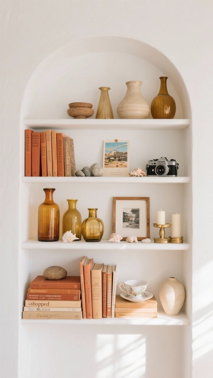 Medium shot, straight-on view of a single bookshelf styled entirely from “shopped” home items: mismatched glass and ceramic vases, stacked hardcovers and cookbooks with coordinated warm-toned spines (terracotta, brass, honey wood), small framed postcards and printed photos leaned against the back, seashells and smooth stones sprinkled in, a vintage camera and heirloom teacup as sentimental accents, a couple of candles. Cohesive warm palette pulled from existing pieces (terracotta, brass, natural wood, cream). Soft natural daylight from the side, clean white wall backdrop, negative space left between groupings for a curated-but-budget look.
