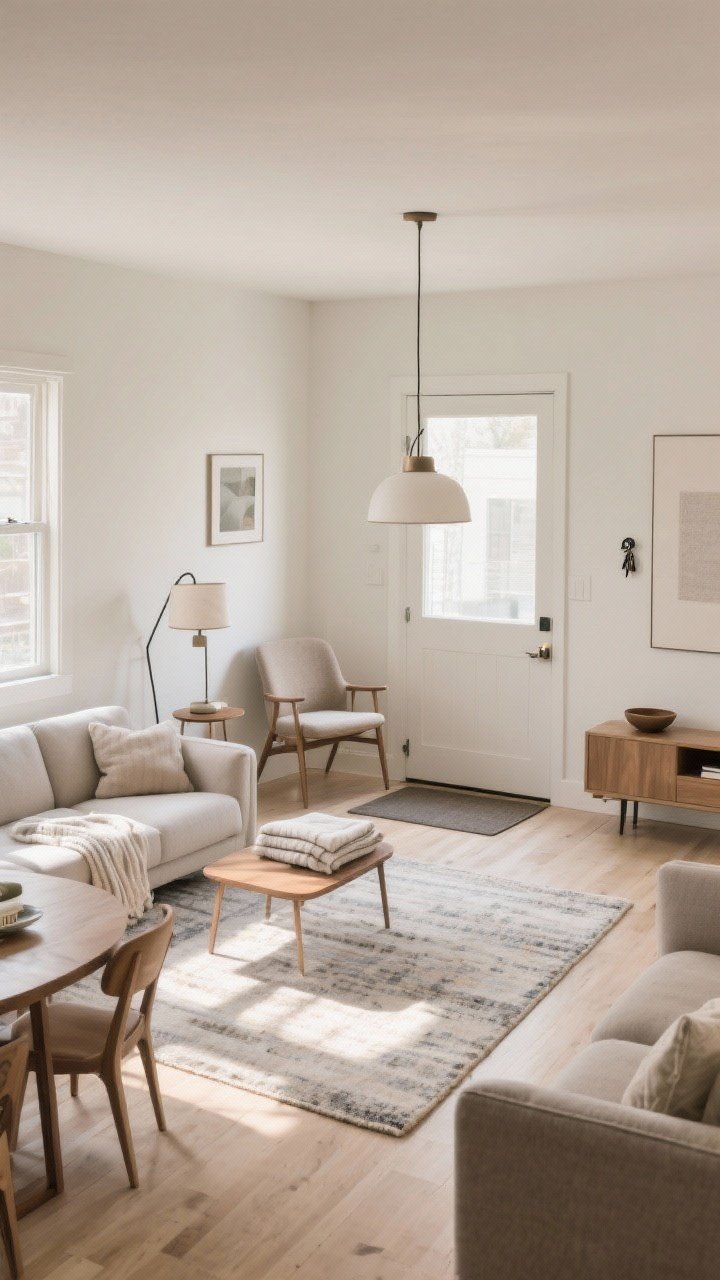 Medium-wide corner angle: A living-dining combo re-laid out with intention—sofa floated a few inches from the wall to create flow, a reading nook zoned with a comfy chair, floor lamp, side table, and folded blanket, a dining table rotated 90 degrees centered beneath a pendant, an entry zone by the door with a mat, wall hook, and a small bowl for keys on a console; rugs and furniture pulled slightly from walls to feel larger; soft afternoon light emphasizing spatial zones, clean lines, photorealistic.