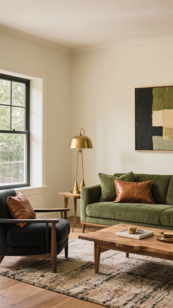 Medium-wide shot of a living room illustrating a cohesive 3–5 color palette: main color warm cream walls, secondary colors sage green and charcoal, accents brass and cognac leather; repeated in pillows, rug, art, and a brass table lamp; anchored by natural wood and black elements; balanced, intentional, softly lit
