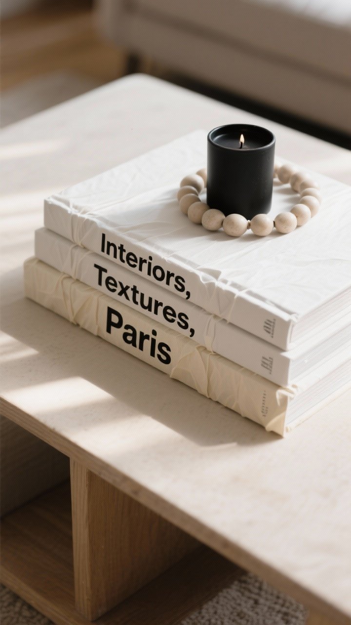 Overhead detail of DIY coffee table books: three hardcover books wrapped tightly in white and cream craft paper with crisp edges, minimalist spine labels reading “Interiors,” “Textures,” and “Paris” in simple black type. Styled stack on a neutral wood coffee table, topped with a small matte-black candle and a sculptural bead garland. Soft afternoon light, shadows gentle, elevated minimalist mood.