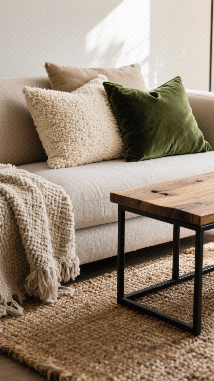 Photorealistic closeup detail of layered textures on a sofa corner: a creamy bouclé pillow against a natural linen cushion, a rich forest-green velvet pillow nearby, all set on a chunky jute rug underfoot; a matte black metal side table with a raw wood top sits at the edge of frame; soft diffused afternoon light grazing the fabrics to reveal nubby, woven, plush, and matte surfaces; shallow depth of field; angled corner perspective; no people.