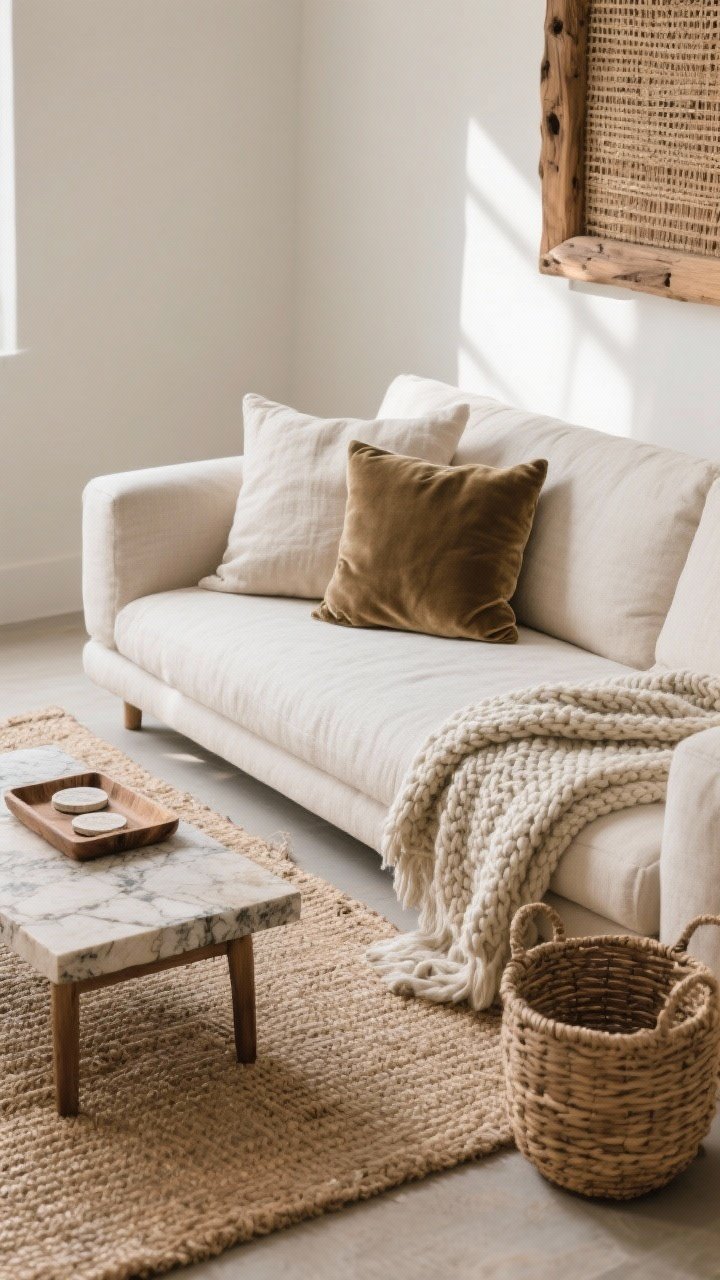 Photorealistic closeup detail of layered textures on a sofa and floor: three sofa textures (linen cushion, velvet pillow, chunky knit throw) in soft neutrals; on the floor, a jute rug with a woven basket beside it; on the wall edge, a chunky wood frame or woven wall art just entering the frame. Add a small raw-wood tray with travertine-look coasters on the coffee table. Soft natural daylight grazing across surfaces to emphasize tactile depth. Tight, angled macro shot.