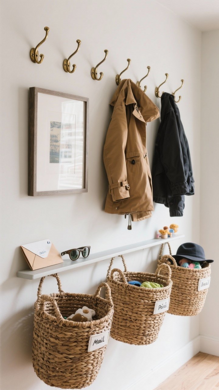 Photorealistic detail shot focusing on clutter-busting organization: a row of sturdy wall hooks at adult height with coats, and a second lower row for kids; a slim picture ledge holding sunglasses, envelopes, and a small framed print; three woven baskets with visible, neatly written labels for mail, hats, and pet supplies; include a mix of utilitarian metal hooks for heavy coats and a couple of pretty brass hooks; overhead/oblique angle capturing textures of woven baskets and labeled tags, even neutral lighting
