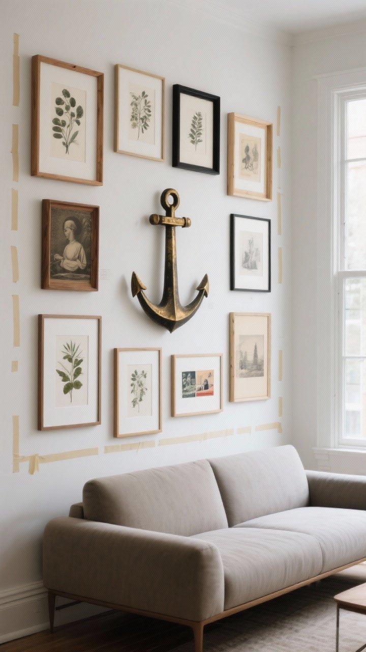 Photorealistic medium shot of a curated gallery wall above a modern sofa: an off-center large anchor artwork surrounded by medium and small frames arranged with rhythmic spacing; frames mixed in wood, matte black, and brushed brass (limited to 3 finishes), with consistent white matting and a cohesive palette of botanical prints, classic public-domain art, and postcards. Show painter’s tape layout marks faintly on the wall edge as a subtle detail. Soft natural daylight from a side window; straight-on perspective emphasizing balance and texture.