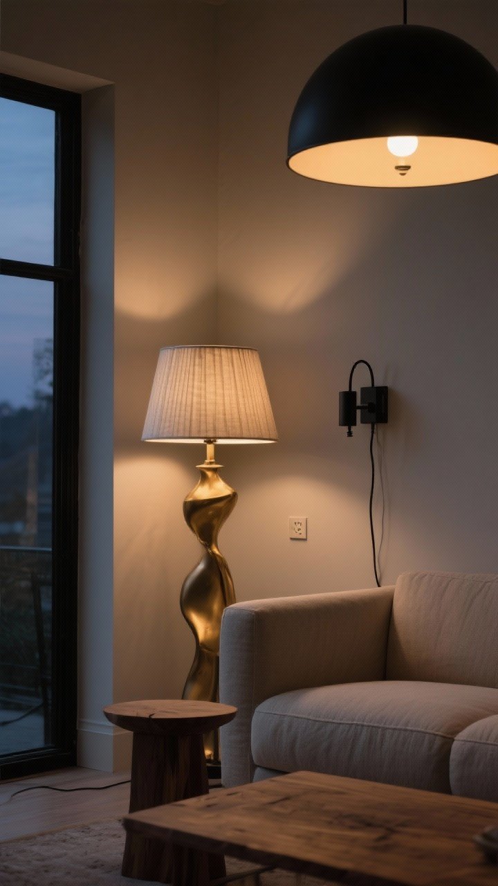 Photorealistic medium shot of a living room corner at dusk featuring a sculptural brass floor lamp with a linen pleated shade beside a linen sofa, a plug-in black metal sconce with visible cord neatly tacked along the wall, and a statement matte-black dome pendant overhead; warm 2700K LED bulbs with a dimmer create a moody glow, highlighting the texture of a natural wood side table; no people, designer vibe, soft shadows