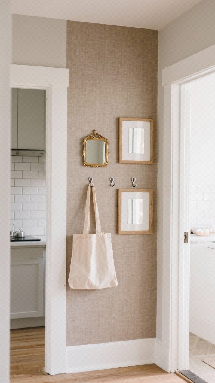 Photorealistic medium shot of a small entry nook transformed with removable magic: a single accent wall covered in tone-on-tone peel-and-stick wallpaper in warm greige with subtle linen texture; renter-safe removable backsplash tiles in soft white subway pattern visible in the adjacent kitchenette; a mix of Command hooks holding a canvas tote and a brass-framed mirror; frames mounted with Velcro strips on the feature wall for easy repositioning. Soft daylight from the side, clean modern rental with white trim, no damage to walls, cozy and elevated mood.
