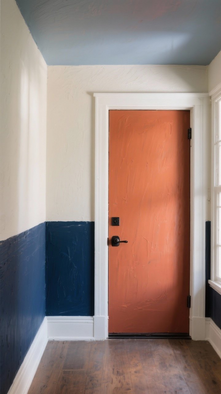 Photorealistic medium shot of a small entryway accent wall showcasing bold paint magic: a color-blocked wall with the lower third in deep navy and the upper section in creamy off-white, crisp contrast white trim, and the interior side of the front door painted terracotta for door drama; include a subtly tinted ceiling in a pale warm gray-blue to add coziness, natural morning light grazing the wall to reveal brushstroke texture, no furniture—just the painted door, baseboards, and a simple matte black door handle for scale, straight-on perspective to emphasize the graphic lines