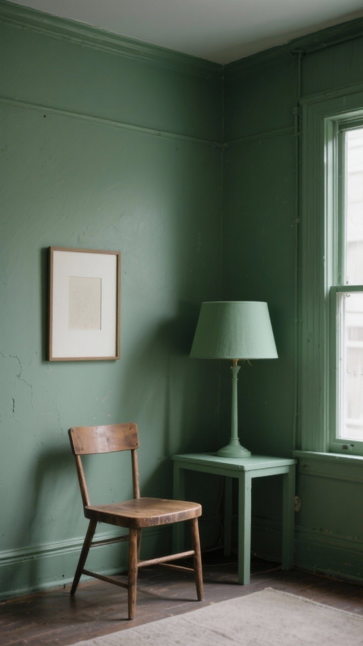 Photorealistic medium shot of a small living room fully color-drenched in a moody sage mid-tone: walls, trim, and ceiling painted the same satin sheen for a buttery look; a thrifted wooden side chair and a simple picture frame both painted in the same sage as a custom set; a matching sage-painted lampshade on a minimalist table lamp; soft, even natural light from an unseen window, subtle imperfections in the walls muted by the paint; straight-on view emphasizing the unified, cozy, intentional gallery vibe; no people.