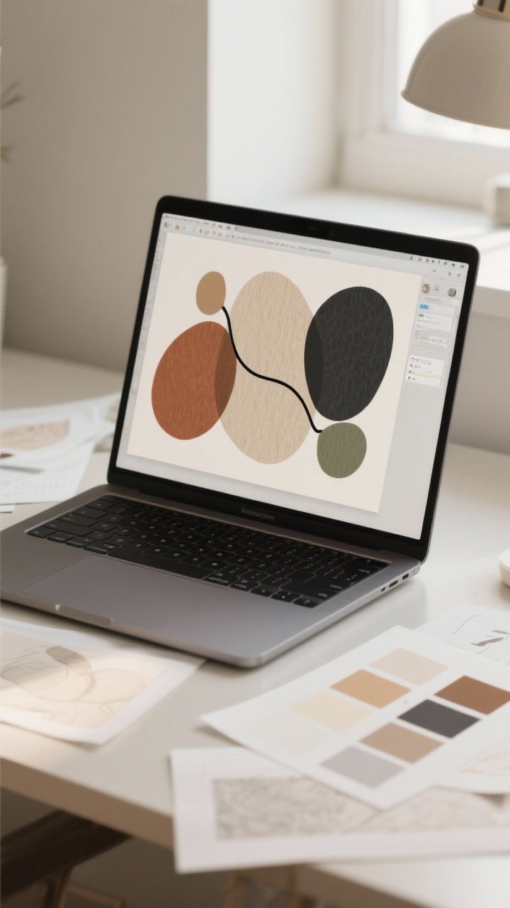 Photorealistic medium shot of a workspace creating abstract shapes using a laptop open to a free design tool; on-screen, layered organic blobs in earthy tones (rust, oat, charcoal, olive) with a subtle paper grain texture overlay at low opacity, finished with a single black gesture line looping through; printed test sheets on slightly off-white paper scattered on the desk; neutral background with calm neutrals palette swatches (sand, cream, camel, soft gray) visible; soft indirect daylight; no people.