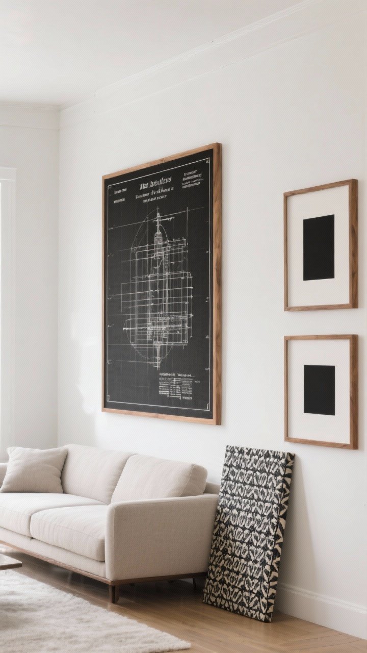 Photorealistic wide shot of a living room wall showcasing oversized budget art: a single large black-and-white engineer print in a simple oak frame centered over a neutral sofa; a second large piece made from stretched patterned fabric on canvas leans on an adjacent wall; frames kept consistent in oak and black for a gallery feel; generous white matting emphasizing negative space; clean, uncluttered styling to reduce visual noise; bright, even daylight; straight-on composition; no people.