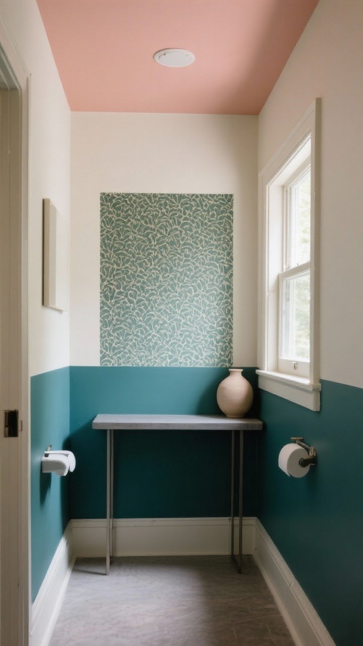 Photorealistic wide shot of a small entry or powder room featuring “color drenched” treatment: the lower half of the walls painted in a moody teal with crisp horizontal line, upper half in warm neutral off-white, and a colored “fifth wall” ceiling in soft blush. Include a single wall with removable wallpaper in a saturated muted olive pattern as an accent. Natural daylight from a side window, matte finishes, simple baseboards, and a slim console with a neutral vase. Corner angle to emphasize height and drama from the half-wall trick.