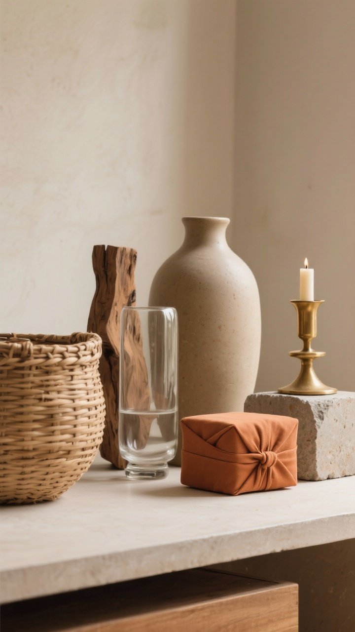 Tight detail shot focused on textures and material mix: an unglazed matte ceramic vase next to a glossy glass vessel, a woven basket and raw wood element paired with a brass candlestick, and a small fabric-wrapped box beside a piece of stone or concrete. Palette of warm neutrals with brass highlights and terracotta notes. Straight-on macro perspective to capture surface textures and how finishes play together. Soft, indirect daylight to avoid glare and emphasize tactile contrast.