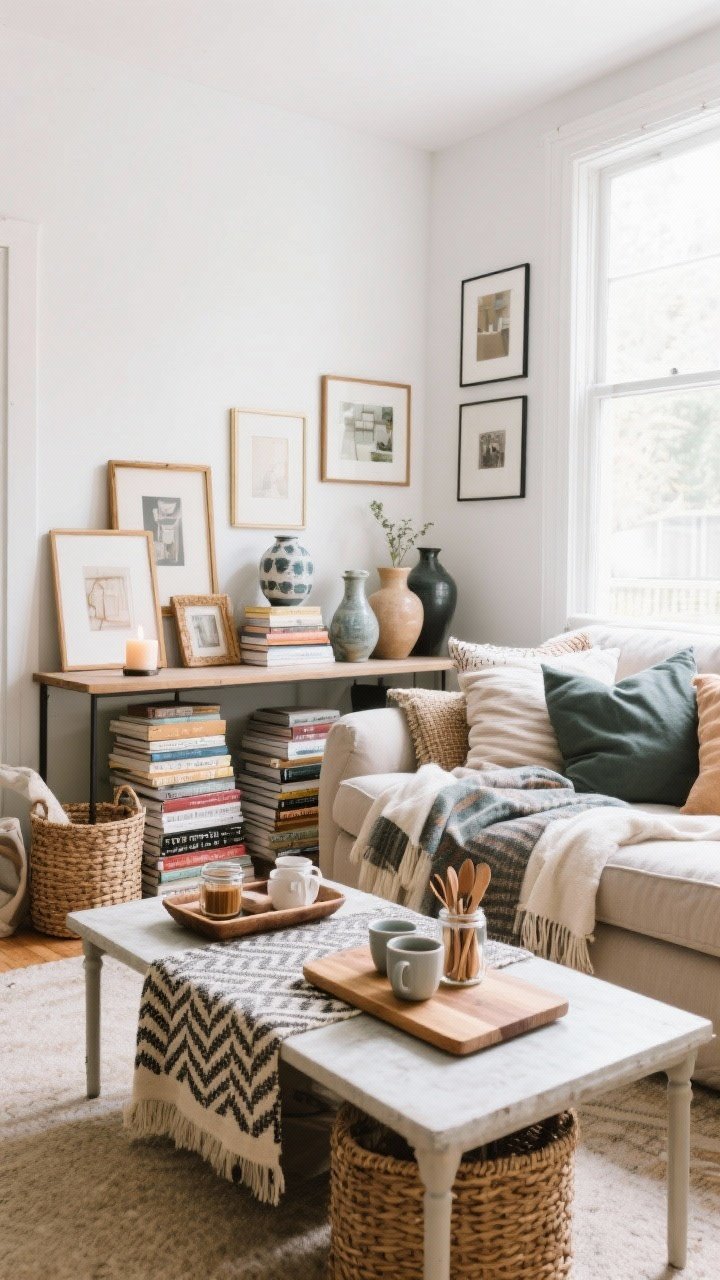 Wide shot: A bright living room styled from a “prop pile,” showing a sofa refreshed with a bedroom throw blanket and mismatched pillows from different rooms, a scarf used as a patterned table runner on a simple coffee table, a wooden cutting board repurposed as a coffee-station tray with mugs and a jar of spoons, stacks of books creating height with a candle on top, assorted empty frames leaning on a console ready for a gallery wall, and vessels like vases, pitchers, and jars corralled on a tray; natural daylight, casual eclectic vibe, textures of woven baskets and soft textiles visible, no people.