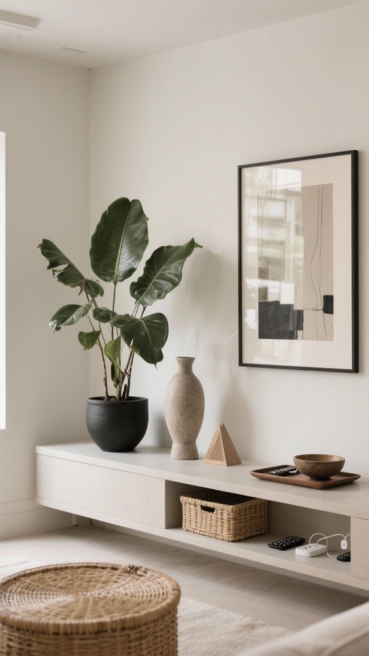 Wide shot of a curated living room styled like a gallery: a neutral-toned space with a single bold focal point—a large leafy indoor plant in a matte black pot next to one oversized framed art piece—on a clean console. Surfaces are edited with only a few objects arranged in “3s and triangles”: a tall ceramic vase, a mid-height sculpture, and a small bowl on a tray. Visible negative space on shelves, remotes and chargers hidden in a lidded rattan basket. Soft natural daylight, straight-on perspective, calm and intentional mood.
