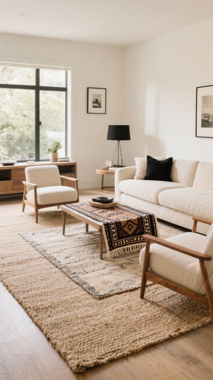 Wide shot of a living room showcasing a correctly scaled rug: large neutral jute rug layered with a smaller patterned kilim on top; front legs of sofa and accent chairs resting on the rug; cohesive palette of creams, wood, and black accents; soft natural light; the layering reads custom and pulls the seating area together