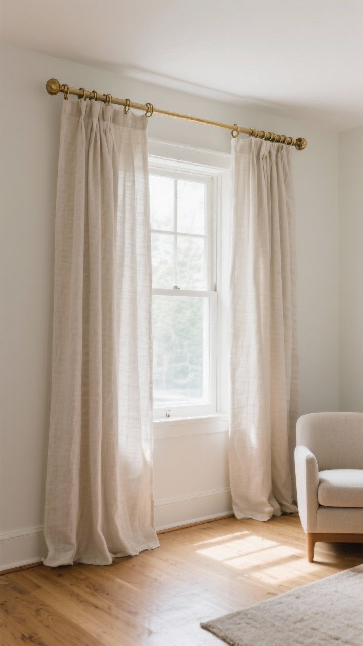 Wide shot of a living room window with linen-blend curtain panels hung high and wide: rod mounted 6 inches below the ceiling and extending 10 inches past the window frame; brass hardware with ring clips; curtains gently “kissing” the floor; filtered daylight pouring in, natural wood floors, and a simple armchair partially in frame to show scale; clean, airy mood