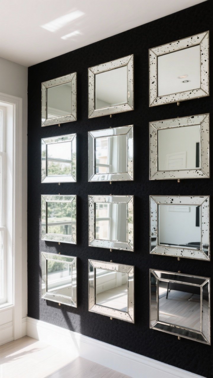 Wide shot of a luxe mirror feature wall: nine Dollar Tree mirror squares arranged in a perfect 3x3 grid with tiny, consistent gaps, mounted on black foam board for a crisp outline. Some tiles have a subtle antiqued effect—speckled from light black spray mist and vinegar dabbing—while frames share a matching metallic finish for cohesion. Natural daylight bouncing into the room, creating spaciousness; clean modern surroundings, photorealistic.