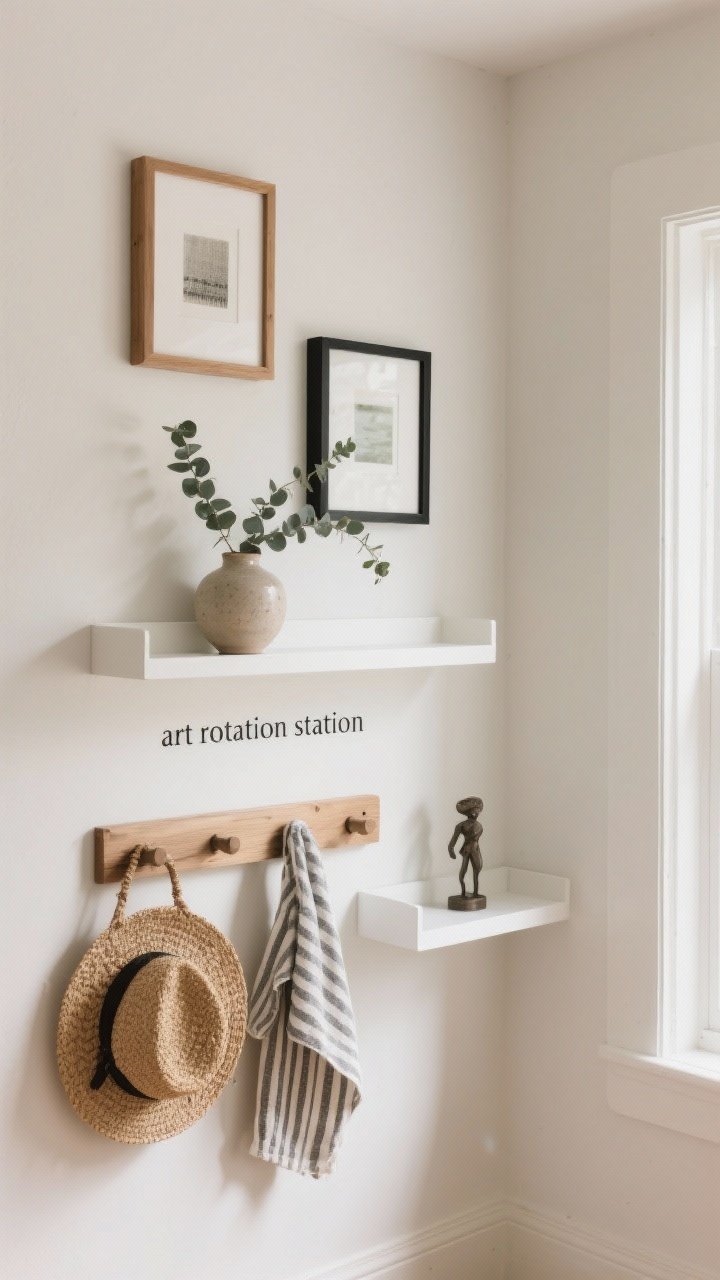 A corner-angle medium shot of an “art rotation station” wall: two staggered white picture ledges with layered frames in wood and matte black, a small ceramic vase, and a sprig of eucalyptus; below, a natural wood Shaker peg rail holding a woven basket, a straw hat, and a lightweight striped textile; a slim floating shelf (under 5 inches deep) displaying a tiny sculpture; varied heights and mixed textures, calm neutral palette; gentle morning light, photorealistic.