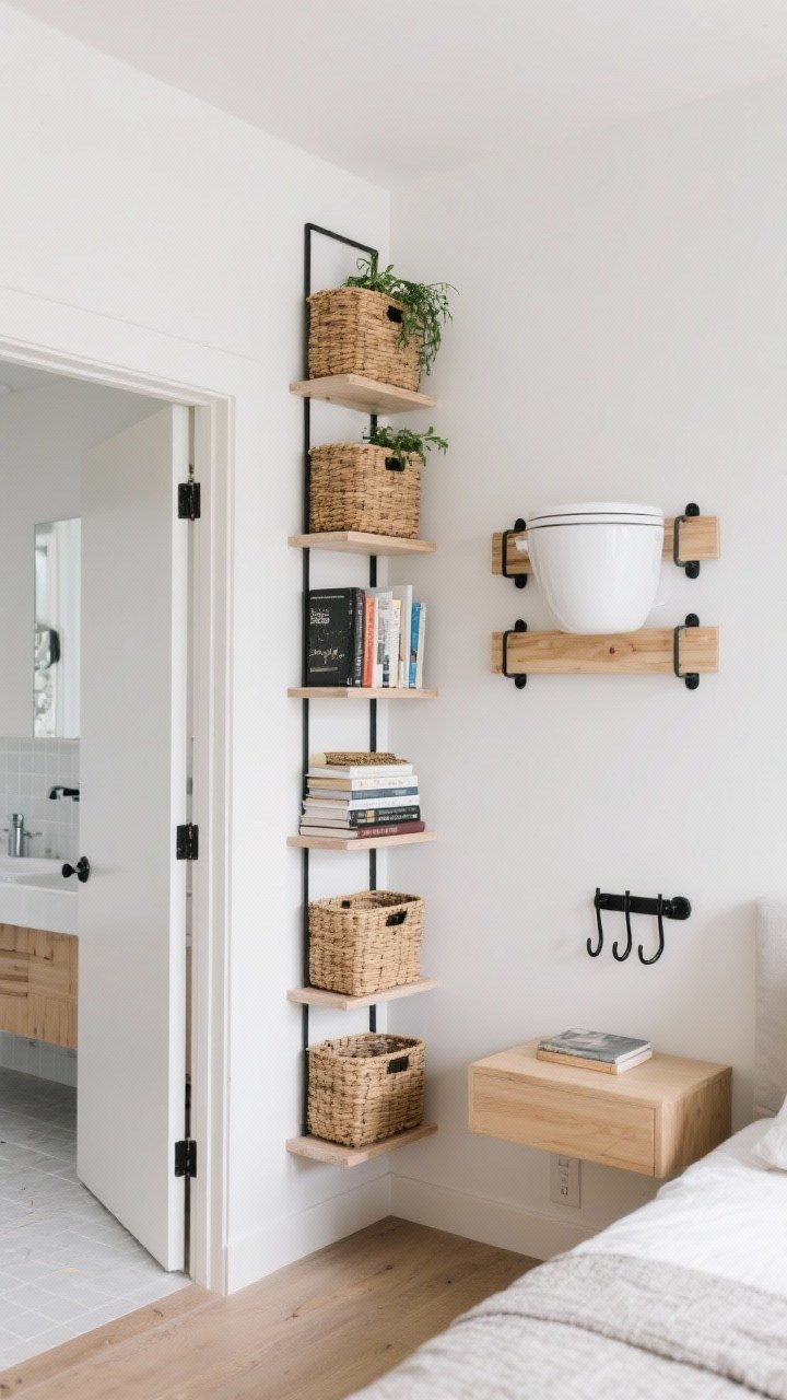 A corner, vertical-focused medium shot showcasing go-vertical storage: tall, narrow bookcase secured to the wall with matching baskets; floating bracket shelves holding books and plants; over-toilet shelving glimpsed through an open bathroom door; wall-mounted nightstand floating beside a bed; matte black hooks mounted behind a door; light wood boards with painted brackets, bright, even daylight drawing the eye upward
