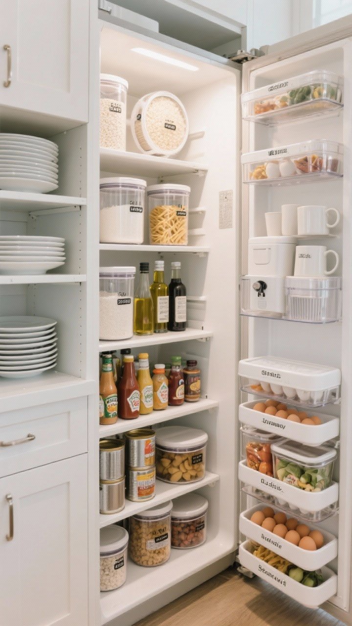 A detailed pantry-cabinet and fridge organizational scene shot from a slight angle: clear airtight canisters labeled by item and date holding flour, sugar, pasta, and rice; narrow Lazy Susans with oils, sauces, and condiments; expandable shelf risers doubling height for plates and mugs; and can organizers preventing stacks from toppling. Open fridge next to it with stackable bins labeled snacks, produce, deli, breakfast; can and bottle dispensers; and a lidded egg organizer stacked neatly. Bright, even kitchen lighting, cohesive container style to reduce visual clutter, photorealistic clarity on acrylic and airtight seals.