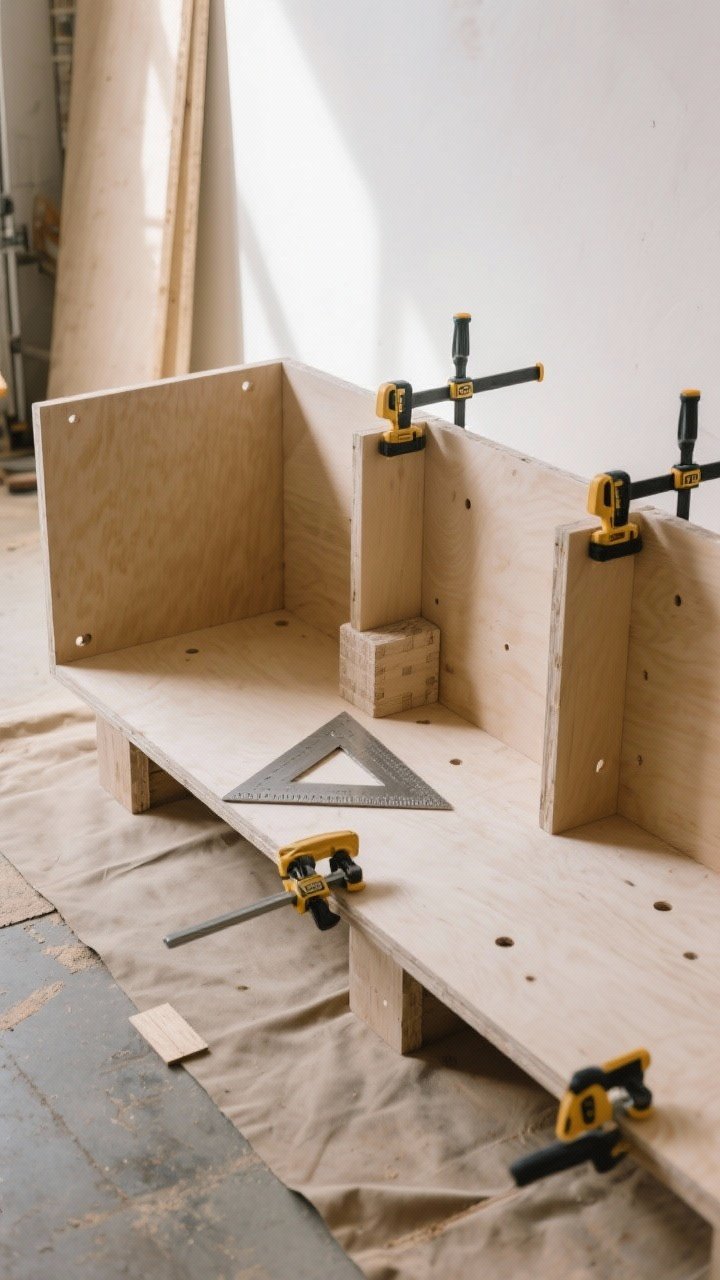 A medium, corner-angle shot of a partially assembled plywood bench box on a drop cloth: side panels attached to a bottom panel, a divider positioned with a spacer block, visible pocket holes for clean joints, 2x2 corner blocks inside for strength; a carpenter’s square confirming right angles, clamps holding edges, optional 1/4-inch back panel ready to install; floors slightly uneven with thin shims under a corner; neutral, bright workshop light highlighting stable, simple construction.