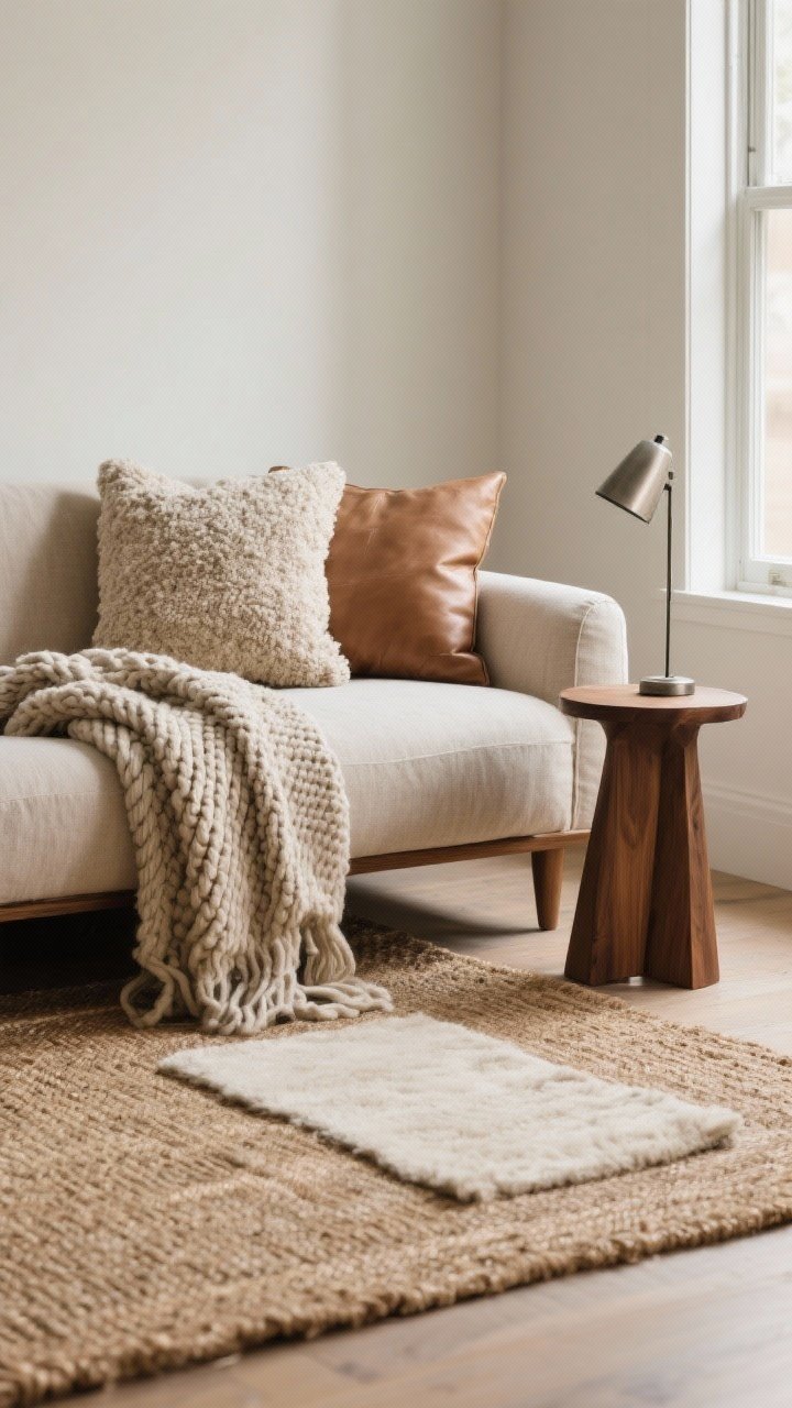 A medium corner shot of a sofa layered with cozy textures: natural linen sofa, nubby bouclé pillow, chunky knit throw, smooth leather accent cushion, and a walnut side table with a brushed metal lamp. On the floor, a jute rug layered with a softer wool rug. Keep patterns large-scale and minimal. Warm, diffuse window light, calm and tactile mood, photorealistic.