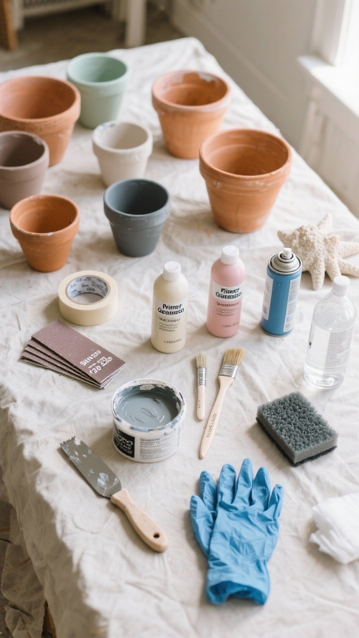 A medium overhead shot of a neatly arranged DIY workspace on a canvas drop cloth: clean, dry terracotta pots in various sizes, acrylic and chalk paints in matte finishes (soft sage, taupe, charcoal, blush, cream, cobalt), bottles of primer/gesso, two paintbrushes (small detail and medium flat), painter’s tape rolls, a putty knife with a tub of spackle/joint compound, sandpaper sheets labeled 120–220 grit, a sea sponge and a foam sponge, a matte clear sealer spray can, nitrile gloves, and a bottle of rubbing alcohol with cotton pads; soft natural daylight from the side, crisp, photorealistic detail