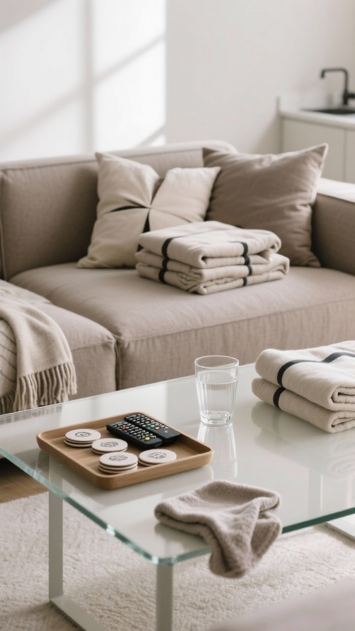A medium shot capturing a one-minute reset in progress: neatly folded throws and karate-chopped cushions on a mid-tone fabric sofa, coasters and remotes stacked on a tray atop a clear coffee table surface, an empty glass being set aside to take to the kitchen, and a microfiber cloth resting on the table’s edge; calm, even morning light emphasizes the fresh, tidy look with minimal visual noise.