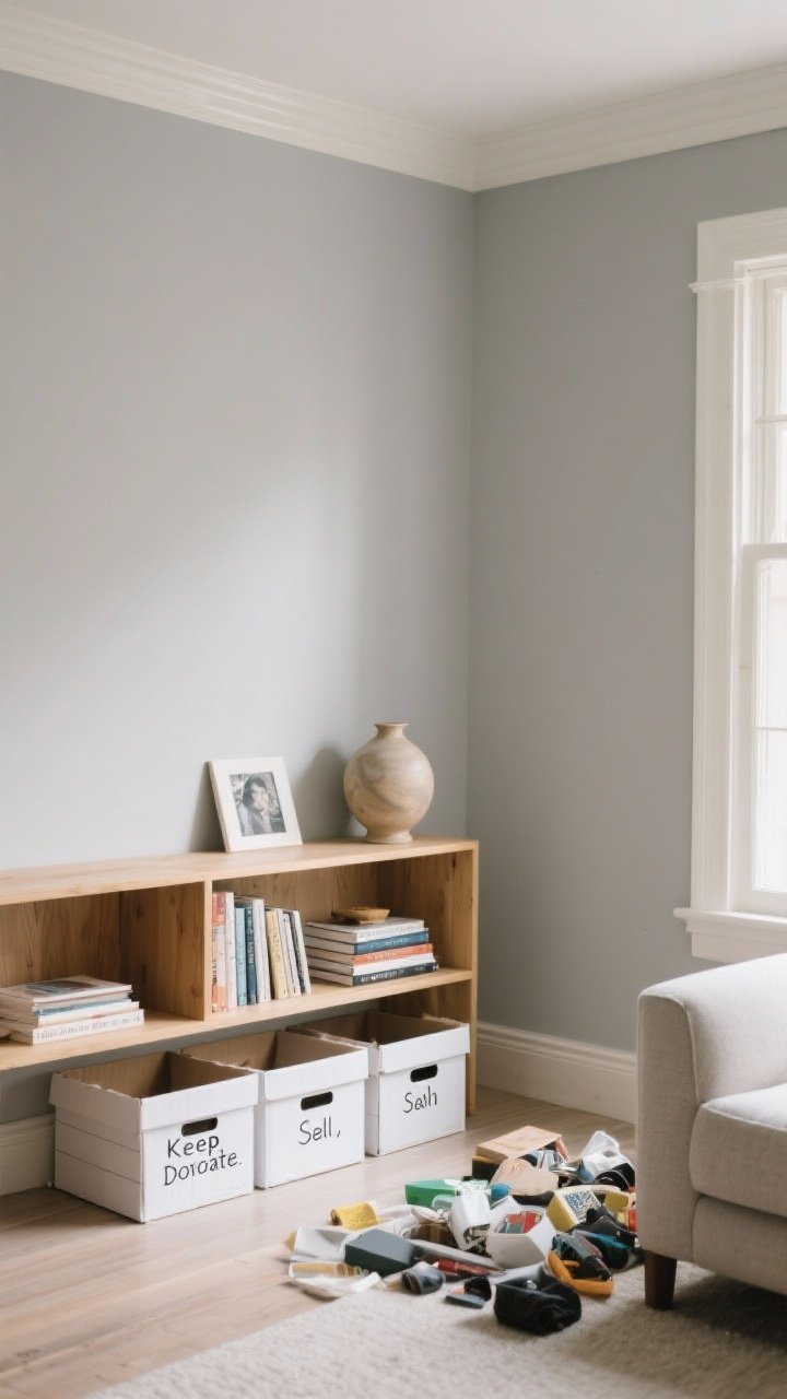A medium shot of a serene living room corner mid-declutter, showing a single shelf being edited with the Four-Box Method: four clearly labeled boxes reading Keep, Donate, Sell, Trash on the floor beside a light wood bookcase; the shelf retains only fewer, better things—a small stack of art books, a single sculptural ceramic vase, and a framed sentimental photo—while 10 miscellaneous items are visibly removed from the room; neutral palette with soft gray walls, creamy white trim, and warm wood tones; soft natural afternoon light, straight-on perspective, calm and airy mood