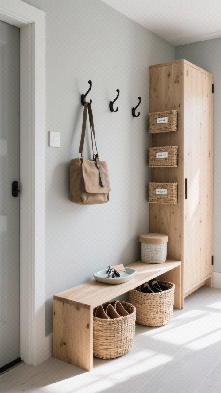 A medium shot of streamlined storage solutions across a hallway entry nook: wall hooks with a single daily-use bag, a small bench with two lidded baskets neatly corralling shoes, and a ceramic tray for keys and mail on a narrow console; inside a partially open cabinet nearby, simple labeled tags visible on bins; cohesive materials—light oak, woven baskets, and matte black hooks—within a calm greige and warm wood palette; bright natural daylight, slight overhead perspective to showcase labels and ease-of-use