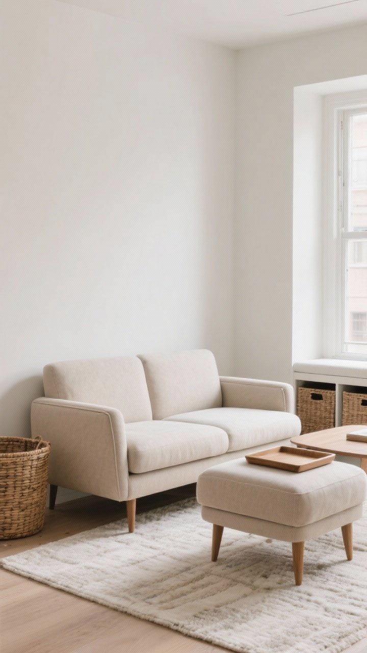A medium, straight-on living room vignette featuring a compact apartment-size loveseat in neutral upholstery with slim arms and raised wooden legs, paired with a matching ottoman styled with a removable tray as a coffee table; a tailored storage bench along the wall with woven baskets slid underneath; clean lines, airy layout, light-toned rug, and soft natural daylight creating an uncluttered, luxe-on-a-budget feel