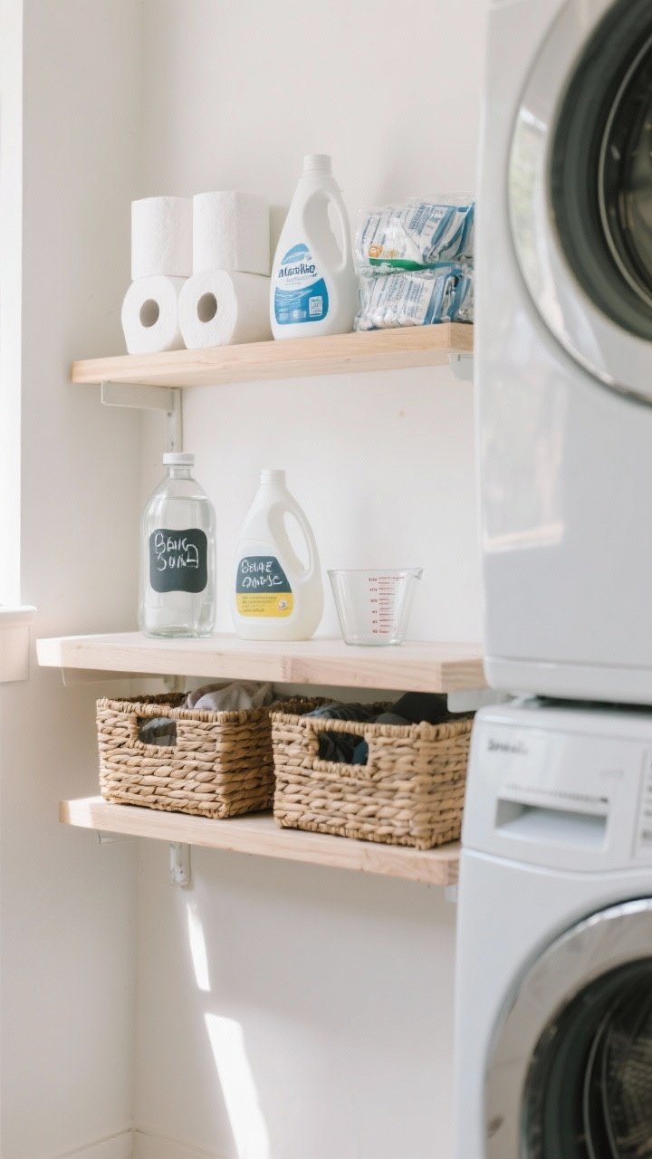 A medium, straight-on shot of a compact laundry wall featuring two simple floating shelves above front-load machines, styled with uniform clear bottles labeled in chalk marker, bulk paper towel rolls on the top shelf, extra detergent and a dryer sheet stockpile, middle shelf with stain remover, fabric softener, and a measuring cup, lower shelf with labeled woven baskets for odds and ends; clean white walls, light wood shelves, soft natural daylight, tidy boutique look that shows clear liquids visible through containers to signal low levels.