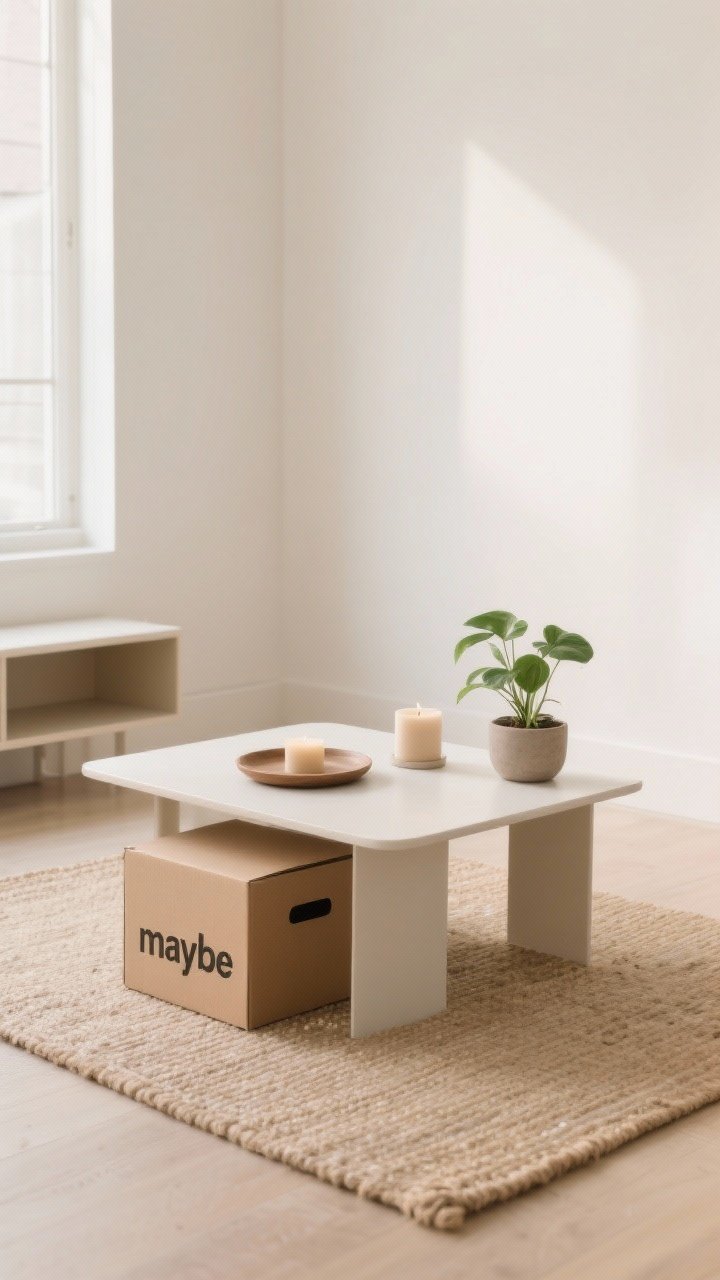 A medium, straight-on shot of a freshly decluttered living room hotspot: a minimalist coffee table on a light jute rug with only three items carefully placed—a round tray, a matte beige candle, and a small potted green plant—surrounded by warm white walls and an empty, intentional corner for negative space; soft natural daylight, clean surfaces, a closed cardboard “maybe” box tucked discreetly under a nearby console to hint at the Box Method, airy and calm mood, photorealistic.